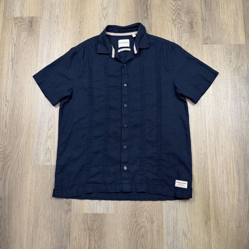 Scotch & Soda Shirt Mens Medium Blue Short Sleeve Button Front Linen Blend Camp
